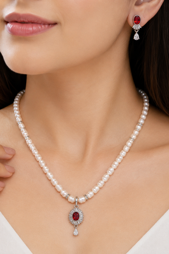 Pearl beaded necklace and earrings jewellery set with ruby cz pendant freshwater pearls, cz stone accents.