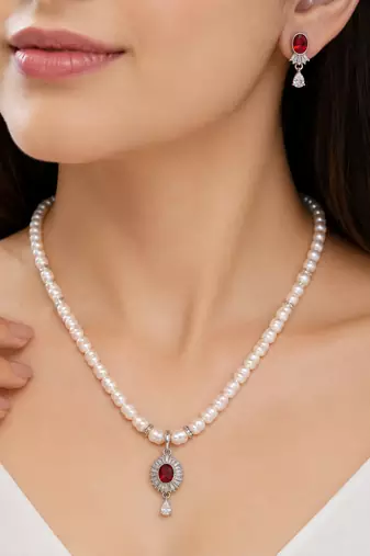 Pearl beaded necklace and earrings jewellery set with ruby cz pendant freshwater pearls, cz stone accents.
