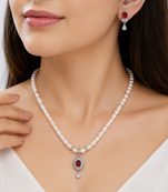 Pearl beaded necklace and earrings jewellery set with ruby cz pendant freshwater pearls, cz stone accents.
