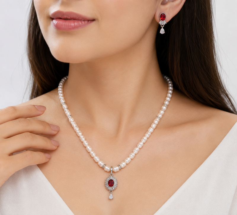 Pearl beaded necklace and earrings jewellery set with ruby cz pendant freshwater pearls, cz stone accents.