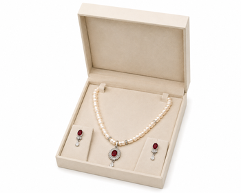 Pearl beaded necklace and earrings jewellery set with ruby cz pendant freshwater pearls, cz stone accents. 2