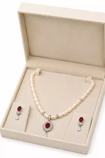 Pearl beaded necklace and earrings jewellery set with ruby cz pendant freshwater pearls, cz stone accents.