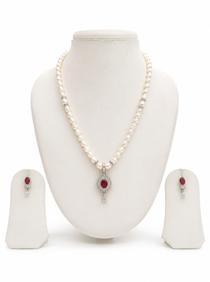 Pearl beaded necklace and earrings jewellery set with ruby cz pendant freshwater pearls, cz stone accents. 3