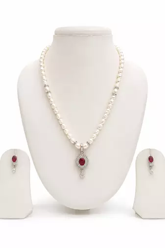 Pearl beaded necklace and earrings jewellery set with ruby cz pendant freshwater pearls, cz stone accents.