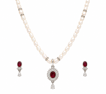 Pearl beaded necklace and earrings jewellery set with ruby cz pendant freshwater pearls, cz stone accents. 4