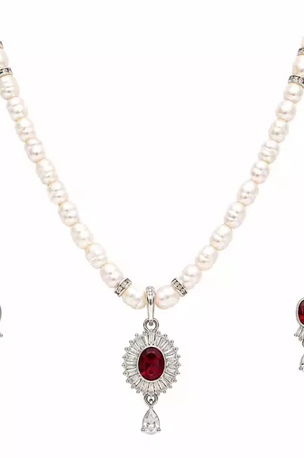 Pearl beaded necklace and earrings jewellery set with ruby cz pendant freshwater pearls, cz stone accents.