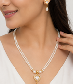 Pearl double strand necklace and earrings set with cz heart pendant gold-tone setting, drop earrings, cz stone accent.