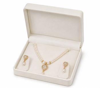Pearl double strand necklace and earrings set with cz heart pendant gold-tone setting, drop earrings, cz stone accent. 2