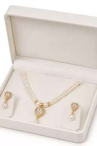 Pearl double strand necklace and earrings set with cz heart pendant gold-tone setting, drop earrings, cz stone accent.
