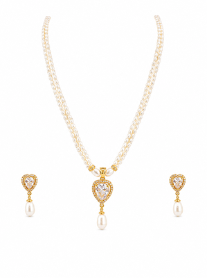 Pearl double strand necklace and earrings set with cz heart pendant gold-tone setting, drop earrings, cz stone accent. 3