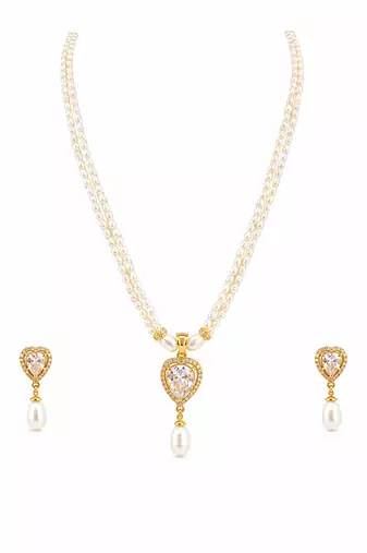 Pearl double strand necklace and earrings set with cz heart pendant gold-tone setting, drop earrings, cz stone accent.