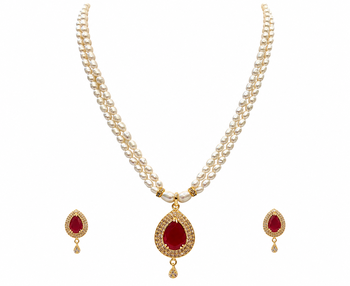 Double strand pearl necklace set with ruby teardrop pendant matching earrings included, gold-tone setting, cz studded. 3