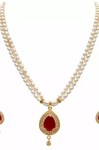 Double strand pearl necklace set with ruby teardrop pendant matching earrings included, gold-tone setting, cz studded.