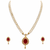 Double strand pearl necklace set with ruby teardrop pendant matching earrings included, gold-tone setting, cz studded.