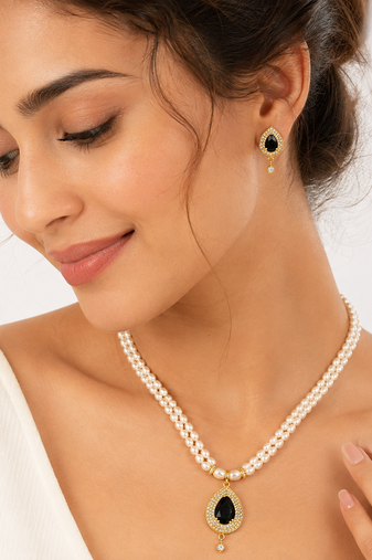 Double strand pearl necklace & earring set with black cz pendant gold-tone setting, teardrop cz pendant, drop earrings