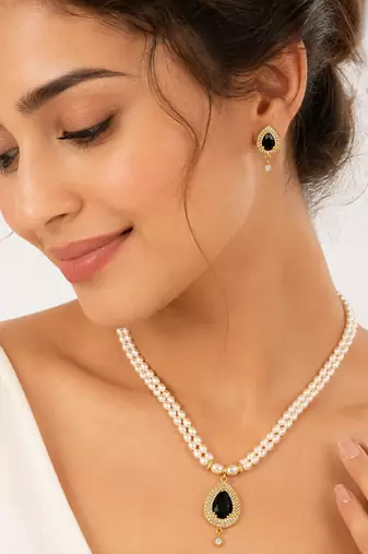 Double strand pearl necklace & earring set with black cz pendant gold-tone setting, teardrop cz pendant, drop earrings