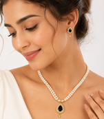 Double strand pearl necklace & earring set with black cz pendant gold-tone setting, teardrop cz pendant, drop earrings
