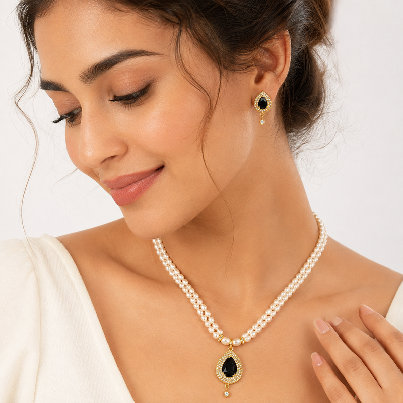 Double strand pearl necklace & earring set with black cz pendant gold-tone setting, teardrop cz pendant, drop earrings