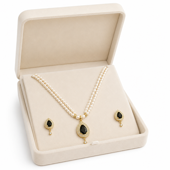 Double strand pearl necklace & earring set with black cz pendant gold-tone setting, teardrop cz pendant, drop earrings 2