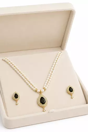 Double strand pearl necklace & earring set with black cz pendant gold-tone setting, teardrop cz pendant, drop earrings
