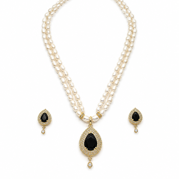 Double strand pearl necklace & earring set with black cz pendant gold-tone setting, teardrop cz pendant, drop earrings 3