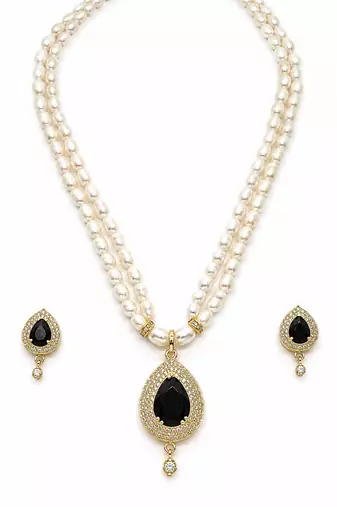 Double strand pearl necklace & earring set with black cz pendant gold-tone setting, teardrop cz pendant, drop earrings