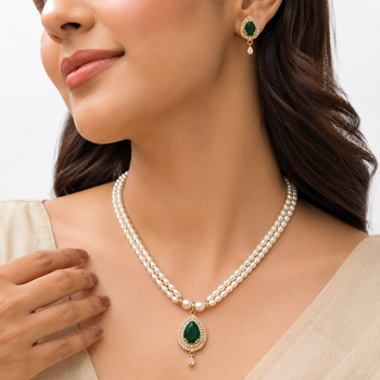 Pearl double strand necklace set with emerald green pendant matching earrings included, teardrop cz pendant, gold-tone. 1