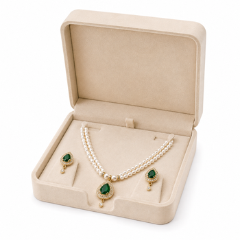 Pearl double strand necklace set with emerald green pendant matching earrings included, teardrop cz pendant, gold-tone. 2