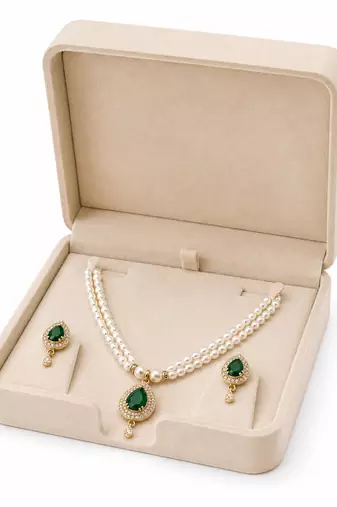 Pearl double strand necklace set with emerald green pendant matching earrings included, teardrop cz pendant, gold-tone.