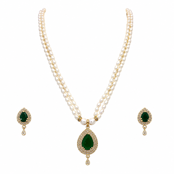 Pearl double strand necklace set with emerald green pendant matching earrings included, teardrop cz pendant, gold-tone. 3