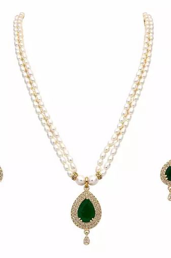 Pearl double strand necklace set with emerald green pendant matching earrings included, teardrop cz pendant, gold-tone.