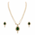 Pearl double strand necklace set with emerald green pendant matching earrings included, teardrop cz pendant, gold-tone.