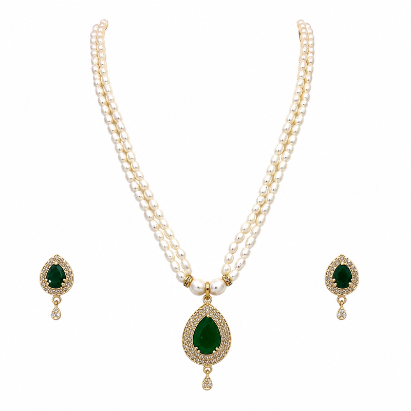 Pearl double strand necklace set with emerald green pendant matching earrings included, teardrop cz pendant, gold-tone.
