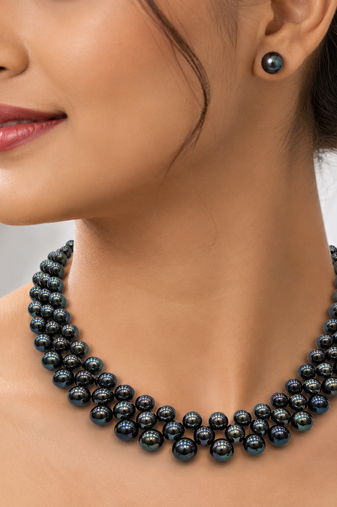 Black pearl necklace and earrings set, 3-strand choker iridescent lustre, stud earrings included, choker style, round.