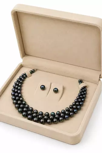 Black pearl necklace and earrings set, 3-strand choker iridescent lustre, stud earrings included, choker style, round.