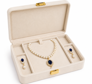 Pearl necklace & earring set with blue sapphire pendant gold-tone accents, cz baguette surround, drop earrings included 2