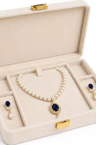 Pearl necklace & earring set with blue sapphire pendant gold-tone accents, cz baguette surround, drop earrings included