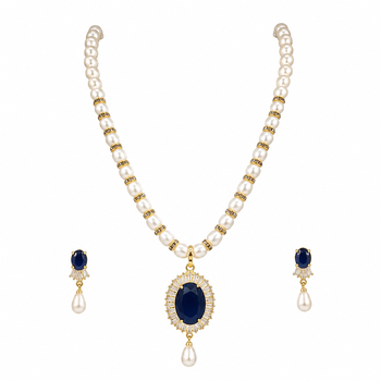 Pearl necklace & earring set with blue sapphire pendant gold-tone accents, cz baguette surround, drop earrings included 3