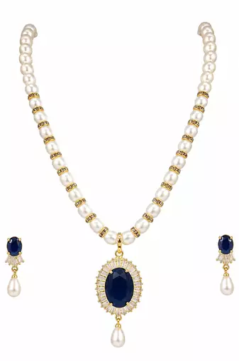 Pearl necklace & earring set with blue sapphire pendant gold-tone accents, cz baguette surround, drop earrings included
