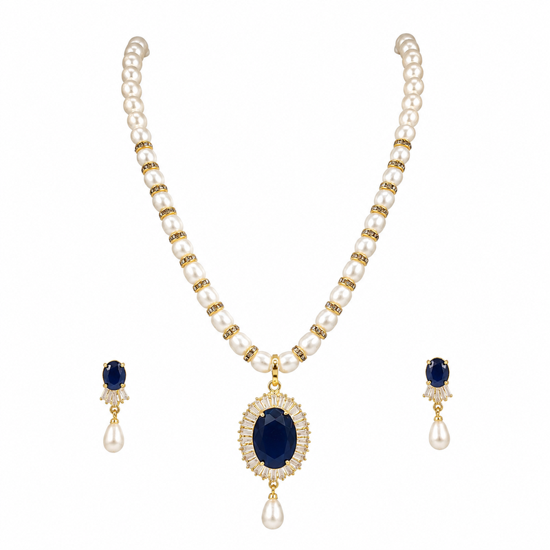 Pearl necklace & earring set with blue sapphire pendant gold-tone accents, cz baguette surround, drop earrings included