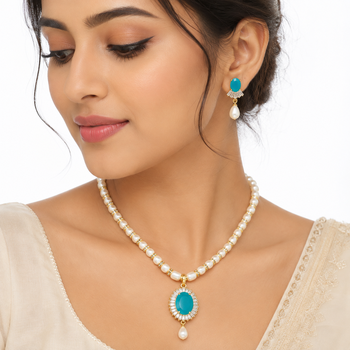 Pearl necklace and earring set with turquoise pendant cz baguette accents, gold-tone spacers, drop pearl earrings. 1