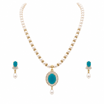 Pearl necklace and earring set with turquoise pendant cz baguette accents, gold-tone spacers, drop pearl earrings. 3