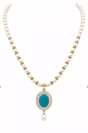 Pearl necklace and earring set with turquoise pendant cz baguette accents, gold-tone spacers, drop pearl earrings.