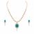 Pearl necklace and earring set with turquoise pendant cz baguette accents, gold-tone spacers, drop pearl earrings.