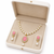 Pearl necklace and earring set with pink stone pendant cz baguette accents, gold-tone finish, drop earrings included.