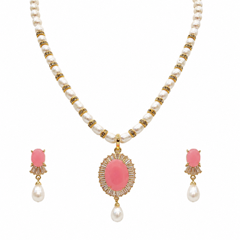 Pearl necklace and earring set with pink stone pendant cz baguette accents, gold-tone finish, drop earrings included. 3