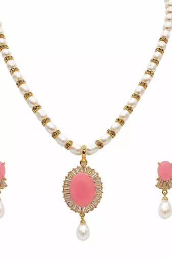 Pearl necklace and earring set with pink stone pendant cz baguette accents, gold-tone finish, drop earrings included.