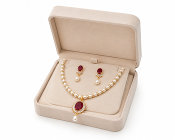Pearl necklace and earring set with ruby pendant cz baguette accents, gold-tone spacers, drop earrings included. 2