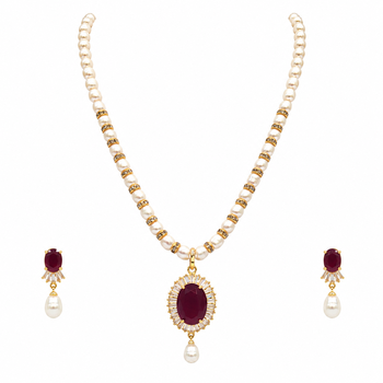 Pearl necklace and earring set with ruby pendant cz baguette accents, gold-tone spacers, drop earrings included. 3