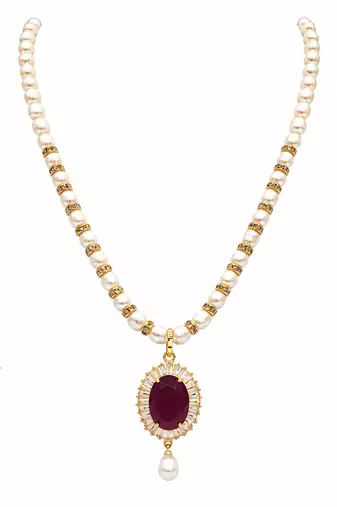 Pearl necklace and earring set with ruby pendant cz baguette accents, gold-tone spacers, drop earrings included.